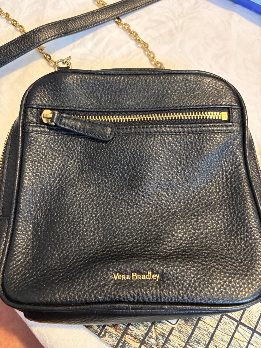 Vera Bradley Black Pebbled Leather Crossbody with Gold Chain Accent